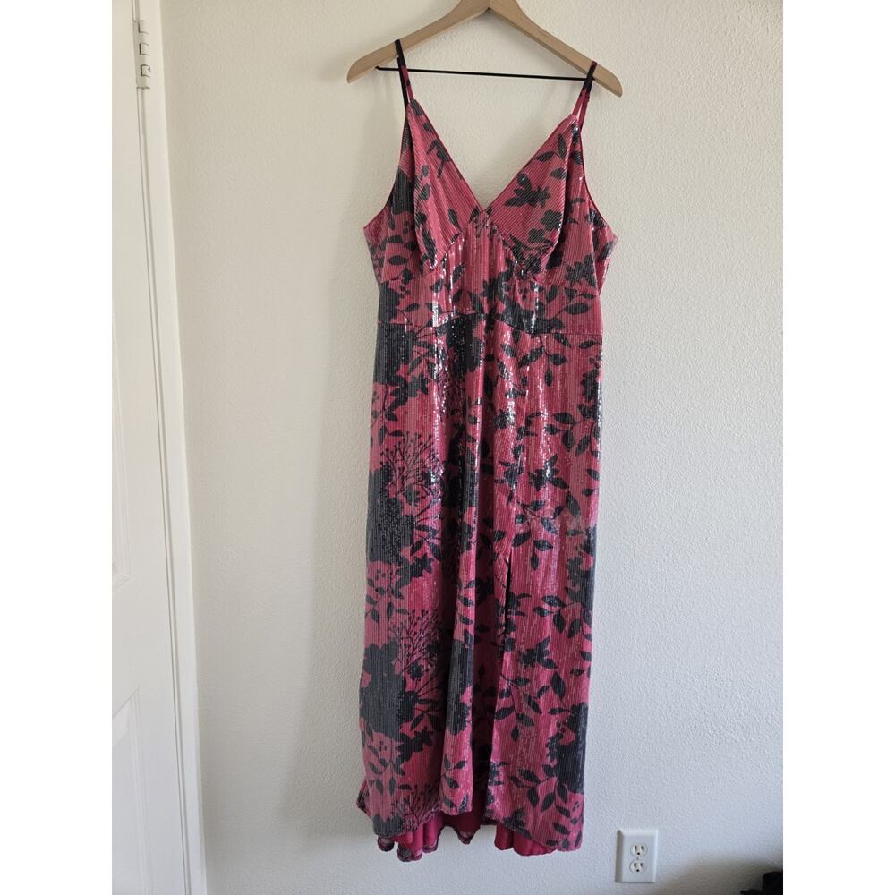 Hutch Anthropologie V-Neck Sequin Midi Dress Size 18W Pink Floral Glam - Picture 2 of 9
